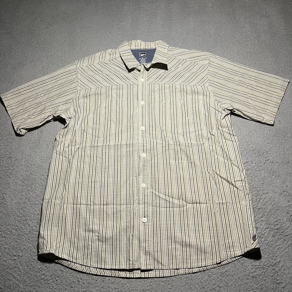 REI Shirt Mens Large Beige Stripe Cotton Blend Outdoor Hiking Casual Pocket